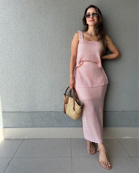 Conjunto Tricô de Blusa e Saia Peplum Tricô Tulipa