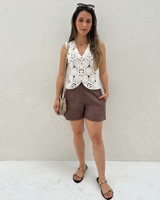 Short Alfaiataria Marrom com Faixa Gengibre