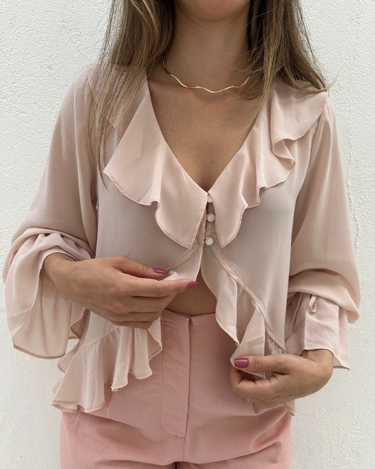 Bata Boho com Babados e Botão Rosa Tulipa