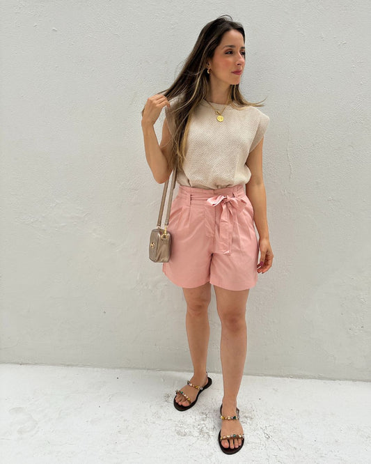 Short Solto Viscolinho Alfaiataria com Cinto Rosa Azaléia