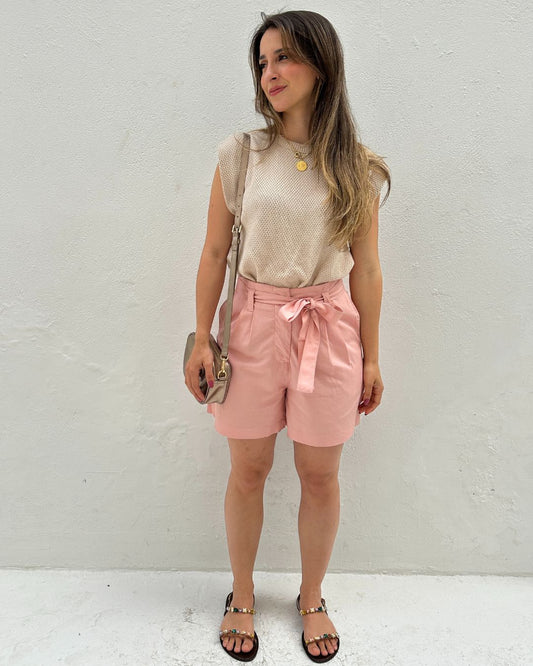 Short Solto Viscolinho Alfaiataria com Cinto Rosa Azaléia