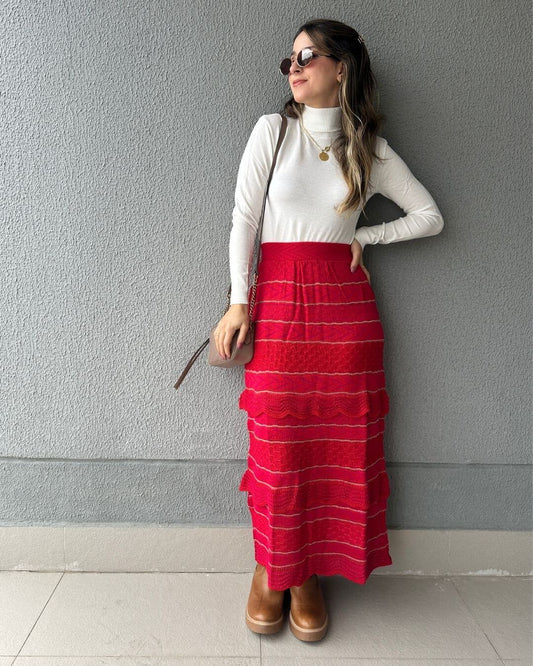 Saia Midi com Camadas Vermelha com Rosa e Lurex Melancia
