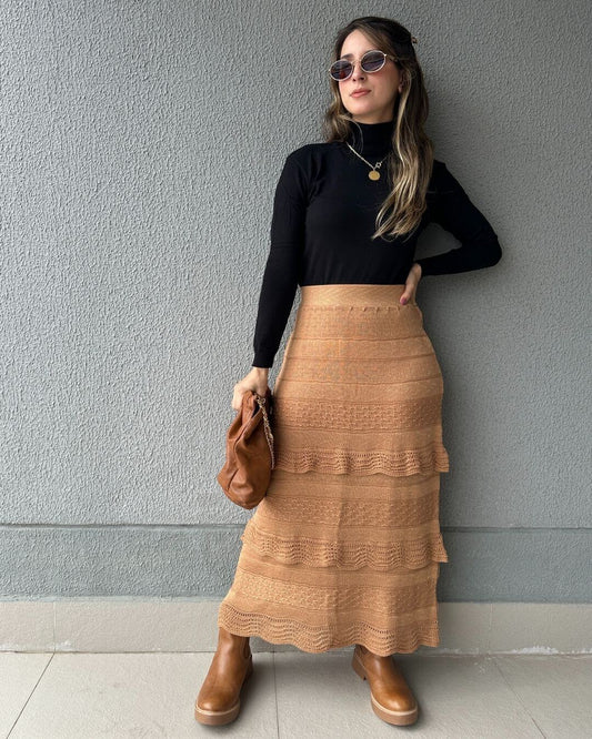 Saia Midi com Camadas Caramelo e Lurex Dourado Melancia