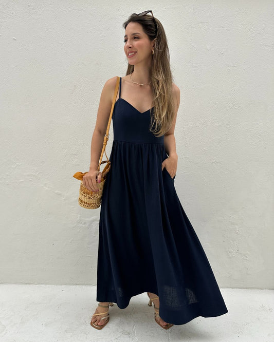 Vestido Evasê Com Alças e Decote em Coração Azul Manga