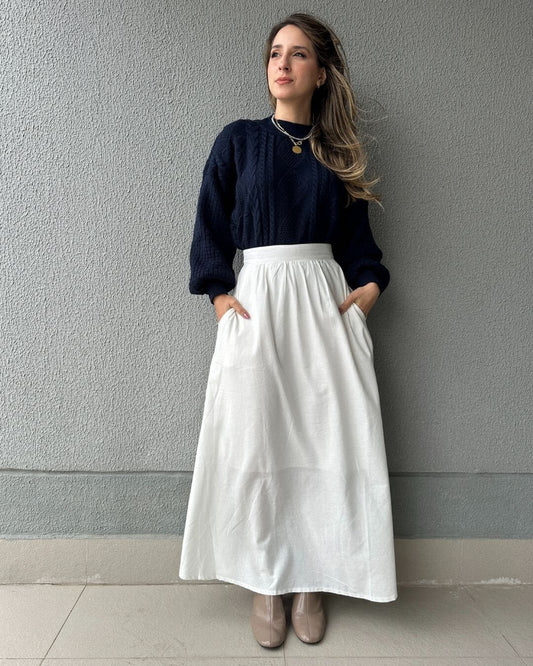 Saia Evasê em Viscolinho Branca Acerola