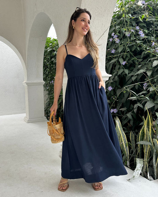 Vestido Evasê Com Alças e Decote em Coração Azul Manga