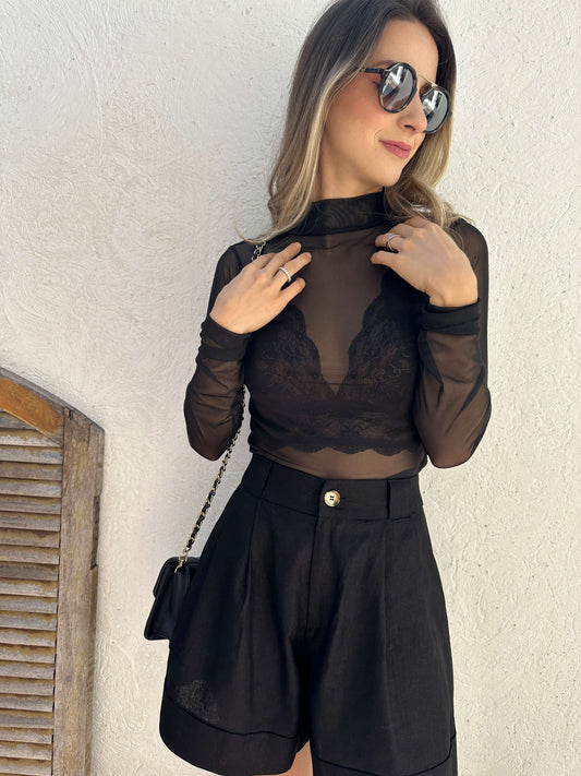 Body de tule preto com gola alta Íris