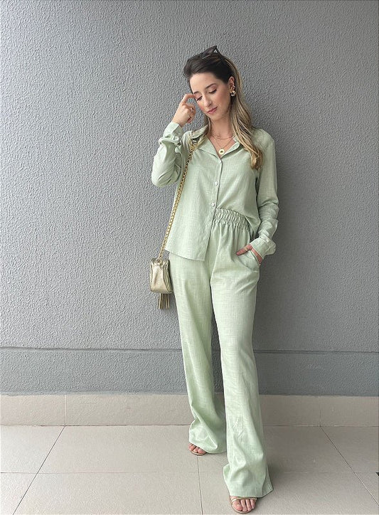 Calça reta de cambraia com elástico Menta