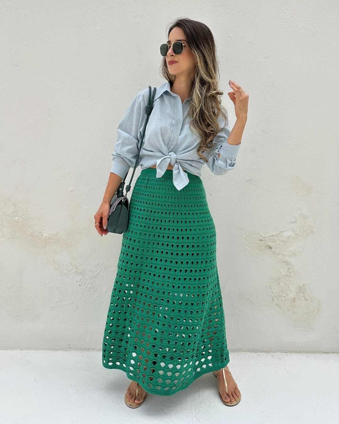 Saia tricot midi vazado evasê verde Samambaia – Oliva