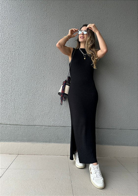 Vestido de tricot canelado com fenda preto Mangostim