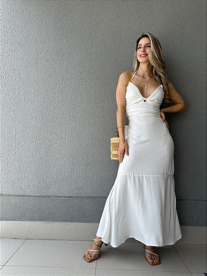 Vestido frente única midi com elástico nas costas off white Avelã