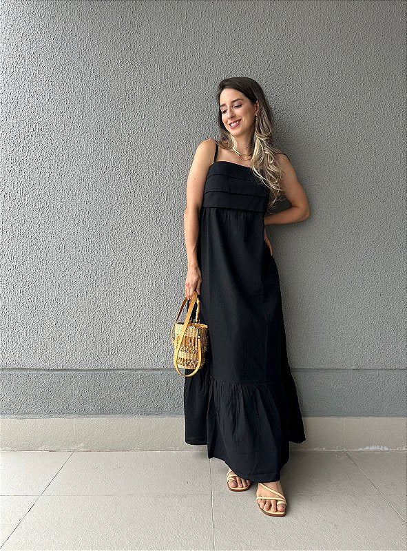 Vestido longo viscolinho de alça decote com camadas preto Jabuticaba