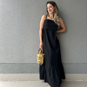 Vestido longo viscolinho de alça decote com camadas preto Jabuticaba