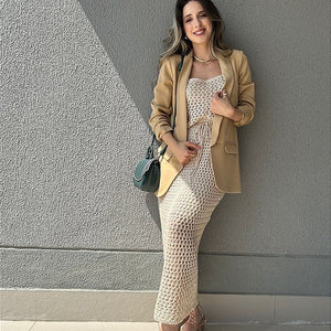 Conjunto de tricot com saia midi e regata cru Pitanga