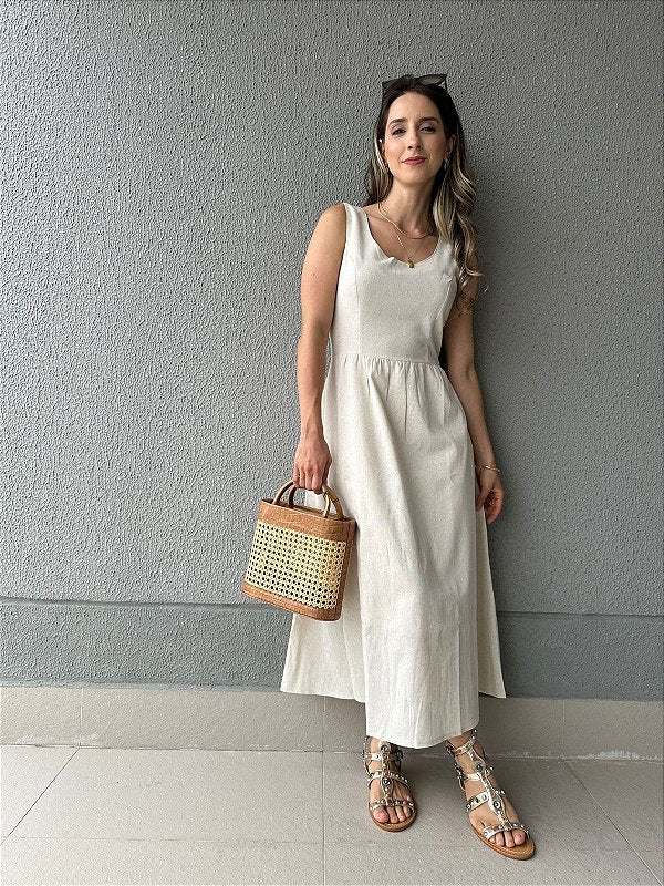 Vestido curto viscolinho saia ampla com bolsos cru Graviola