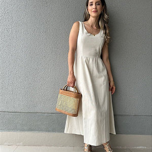 Vestido curto viscolinho saia ampla com bolsos cru Graviola