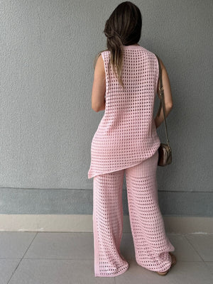 Conjunto Tricô de Calça Ampla e Blusa Assimétrica Rosa