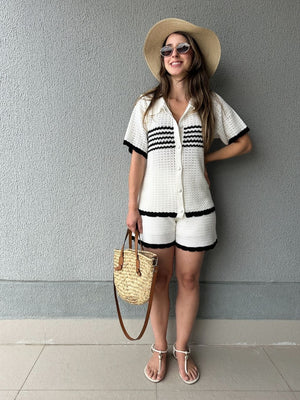 Conjunto Tricô de Short e Camisa com Botões Jabuticaba