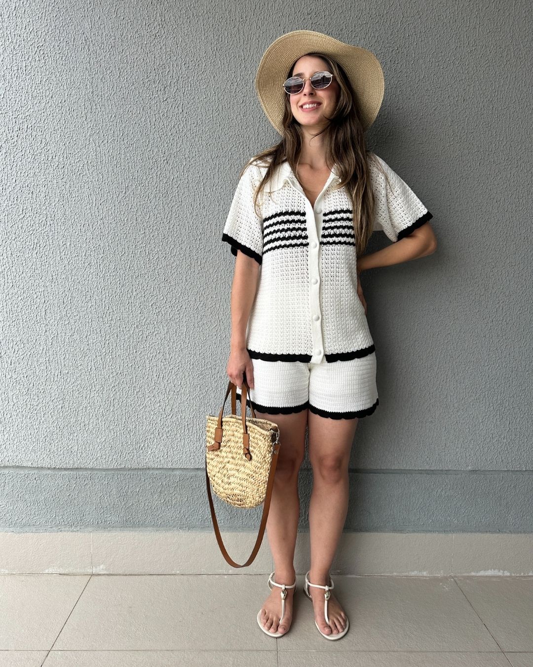 Conjunto Tricô de Short e Camisa com Botões Jabuticaba