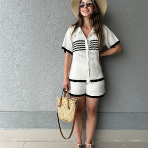 Conjunto Tricô de Short e Camisa com Botões Jabuticaba