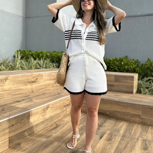 Conjunto Tricô de Short e Camisa com Botões Jabuticaba