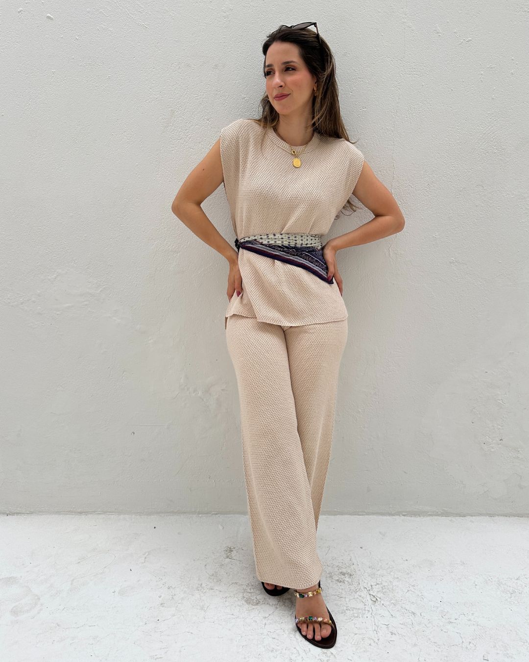 Conjunto de Calça Reta e Colete com Manga Japonesa Graviola