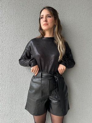Short alfaiataria PU preto com faixa Gengibre