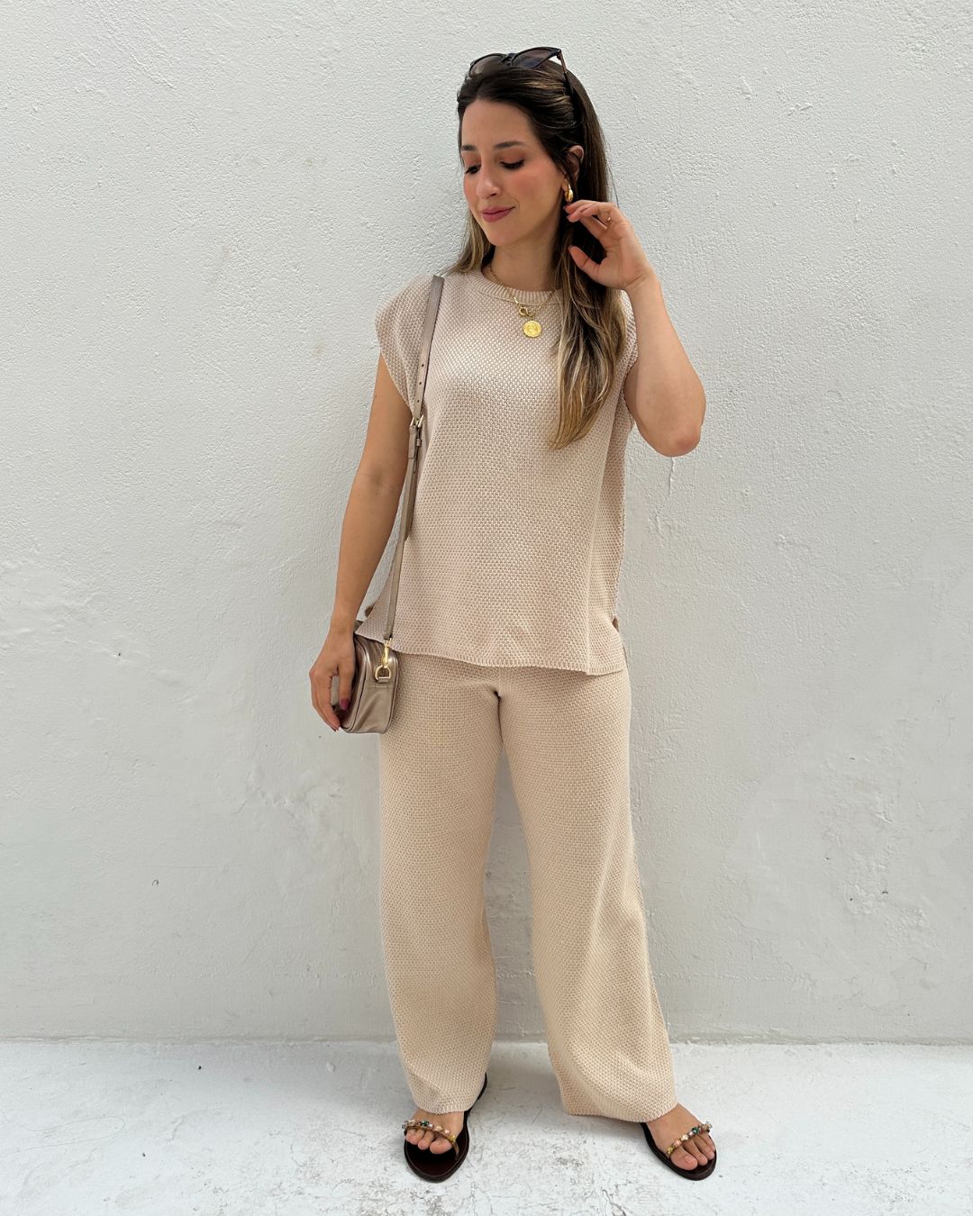 Conjunto de Calça Reta e Colete com Manga Japonesa Graviola