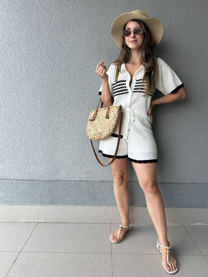 Conjunto Tricô de Short e Camisa com Botões Jabuticaba