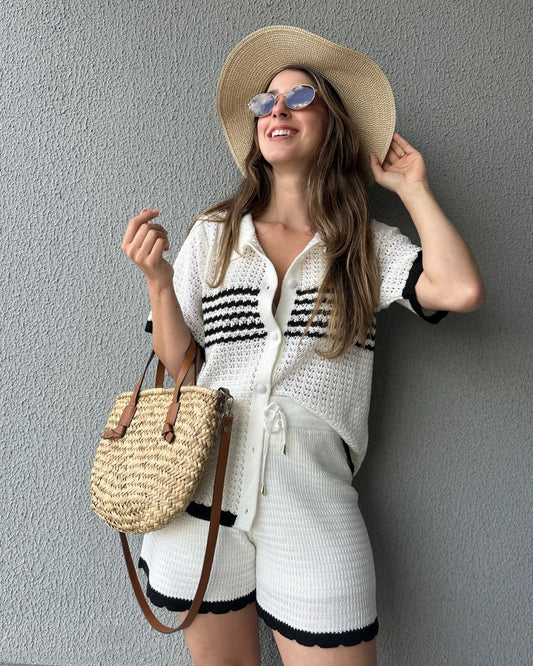 Conjunto Tricô de Short e Camisa com Botões Jabuticaba