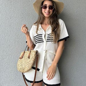 Conjunto Tricô de Short e Camisa com Botões Jabuticaba
