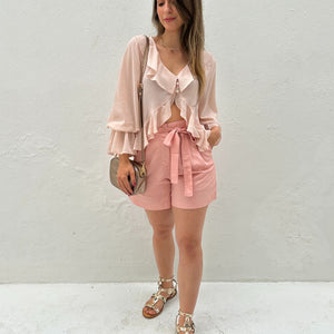 Bata Boho com Babados e Botão Rosa Tulipa