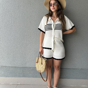 Conjunto Tricô de Short e Camisa com Botões Jabuticaba