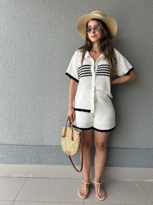 Conjunto Tricô de Short e Camisa com Botões Jabuticaba