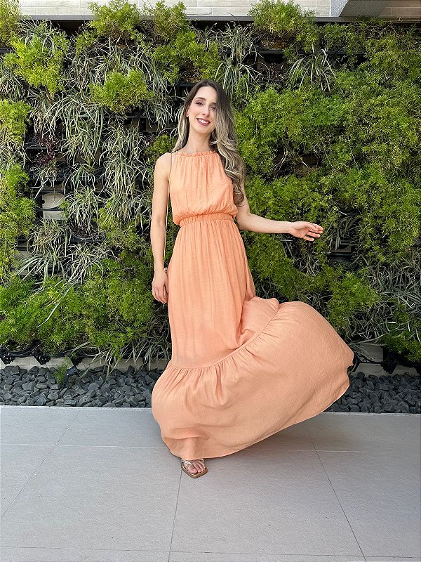 Vestido longo fluido com elastico na cintura coral Melão