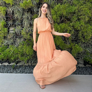 Vestido longo fluido com elastico na cintura coral Melão