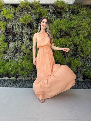 Vestido longo fluido com elastico na cintura coral Melão