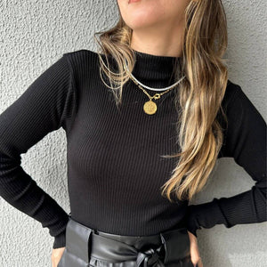 Blusa Cacharrel Tricô Modal Canelada Gola Simples Preta Antúrio