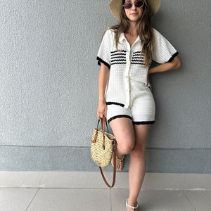 Conjunto Tricô de Short e Camisa com Botões Jabuticaba