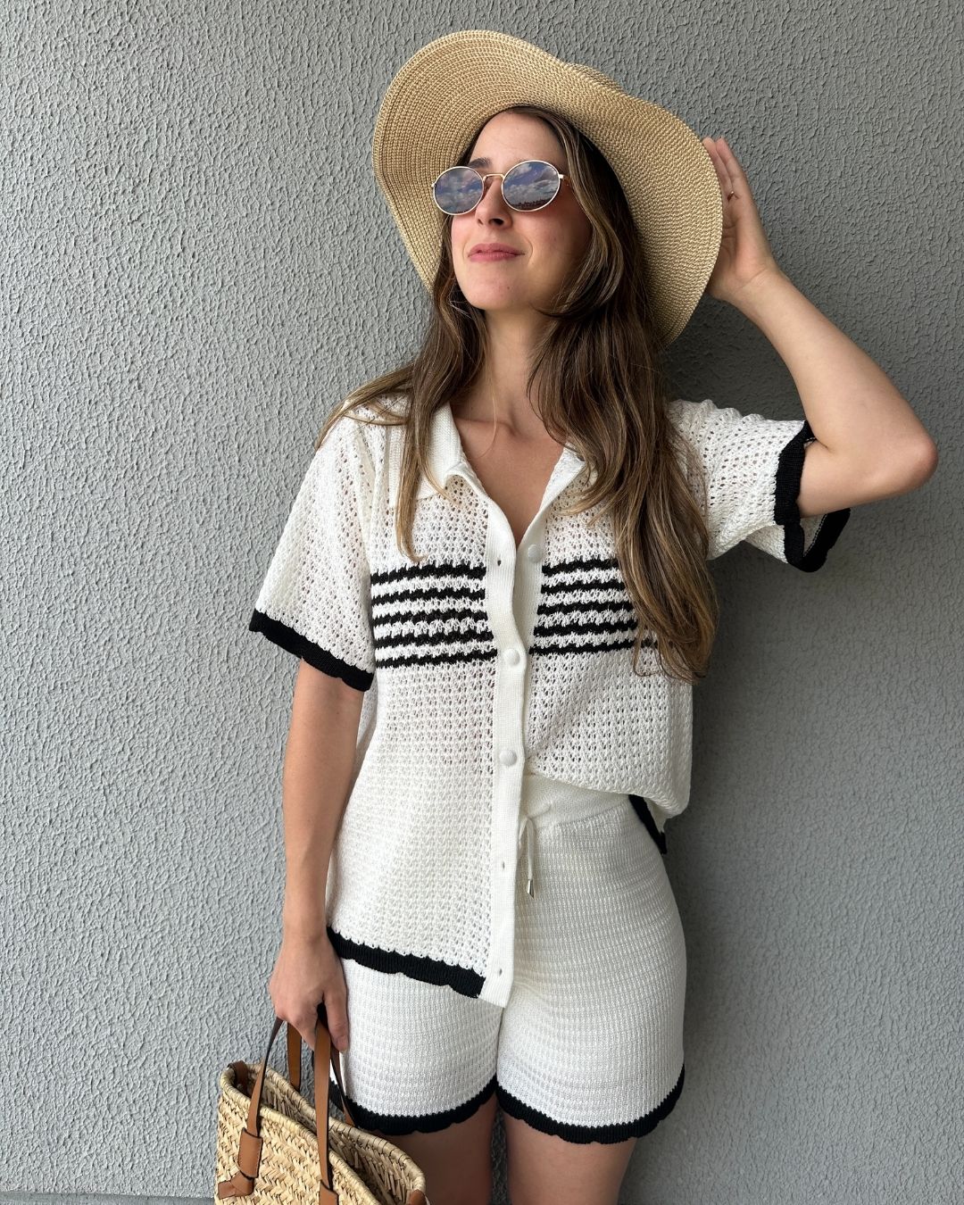 Conjunto Tricô de Short e Camisa com Botões Jabuticaba