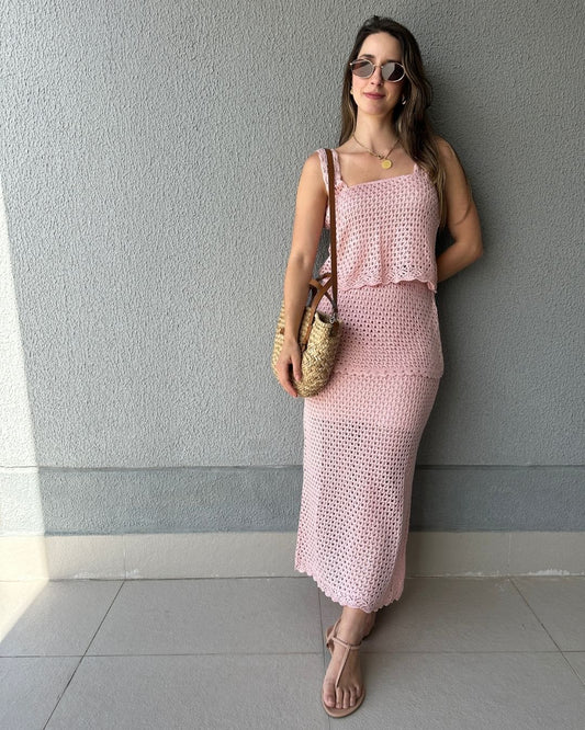 Conjunto Tricô de Blusa e Saia Peplum Tricô Tulipa