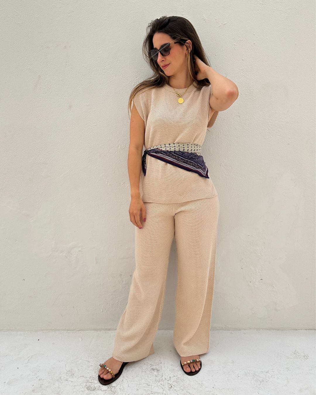 Conjunto de Calça Reta e Colete com Manga Japonesa Graviola
