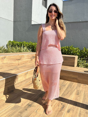 Conjunto Tricô de Blusa e Saia Peplum Tricô Tulipa