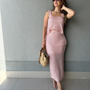 Conjunto Tricô de Blusa e Saia Peplum Tricô Tulipa