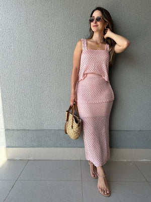 Conjunto Tricô de Blusa e Saia Peplum Tricô Tulipa