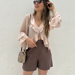 Bata Boho com Babados e Botão Rosa Tulipa