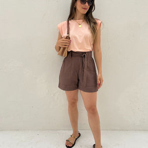 Short Alfaiataria Marrom com Faixa Gengibre