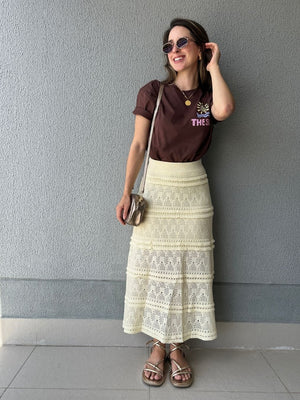 Saia Tricô Evasê com Detalhes Rendados Amarílis