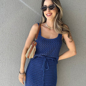 Conjunto de tricot com saia midi e regata azul Pitanga