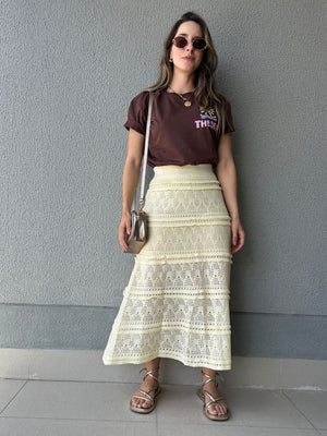 Saia Tricô Evasê com Detalhes Rendados Amarílis